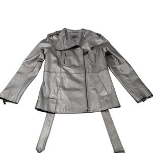 Queen Collection Womens‎ Leather Jacket Belted Motorcycle Biker Silver Small